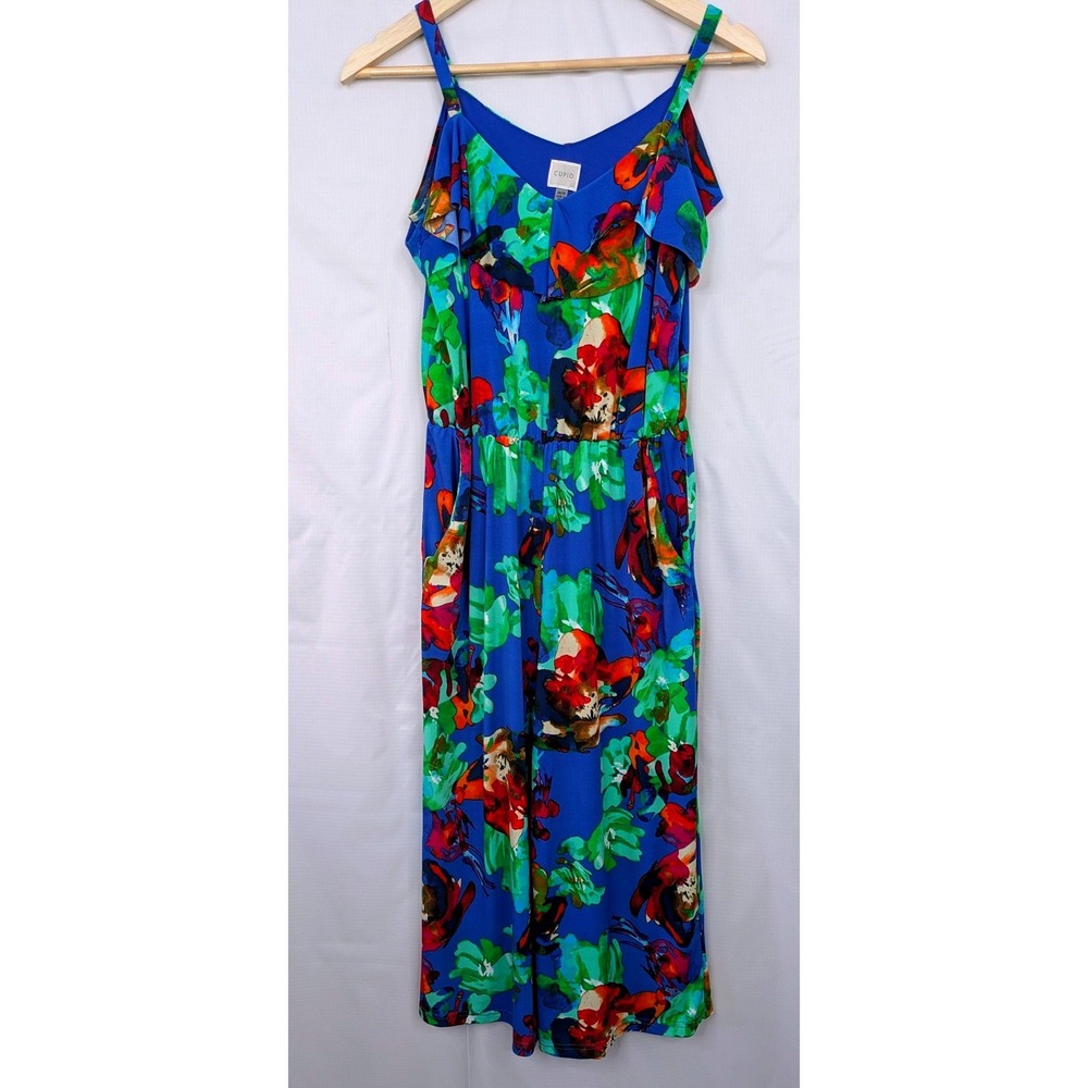 Cupio Floral Capri Jumpsuit Women XS Blue Tropical Wide Leg Cropped Pockets